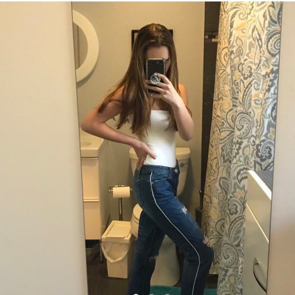 White stripe ripped jeans